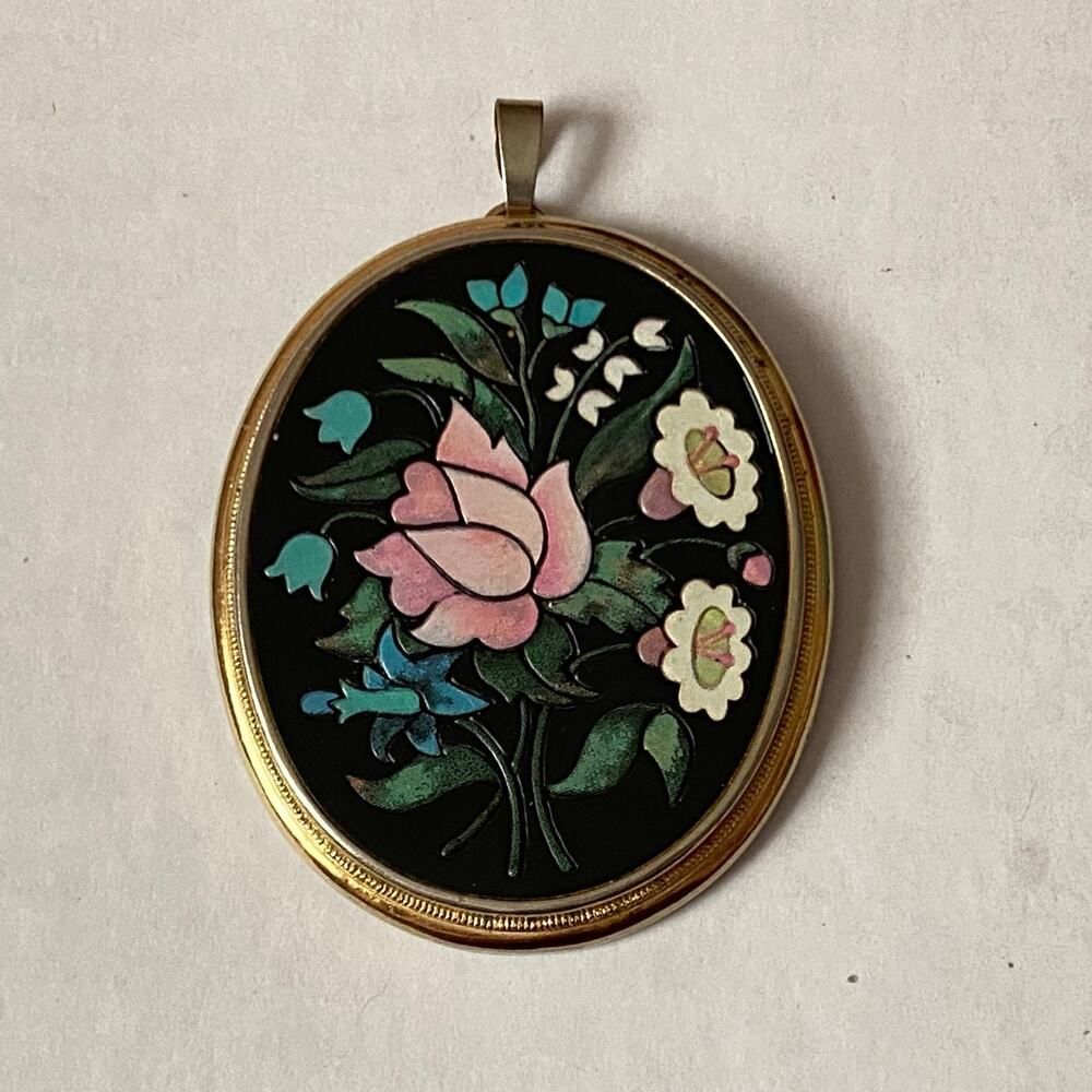 Vintage Avon Florentine Mosaic Rose Pendant Enamel Gold Tone Floral Charm READ